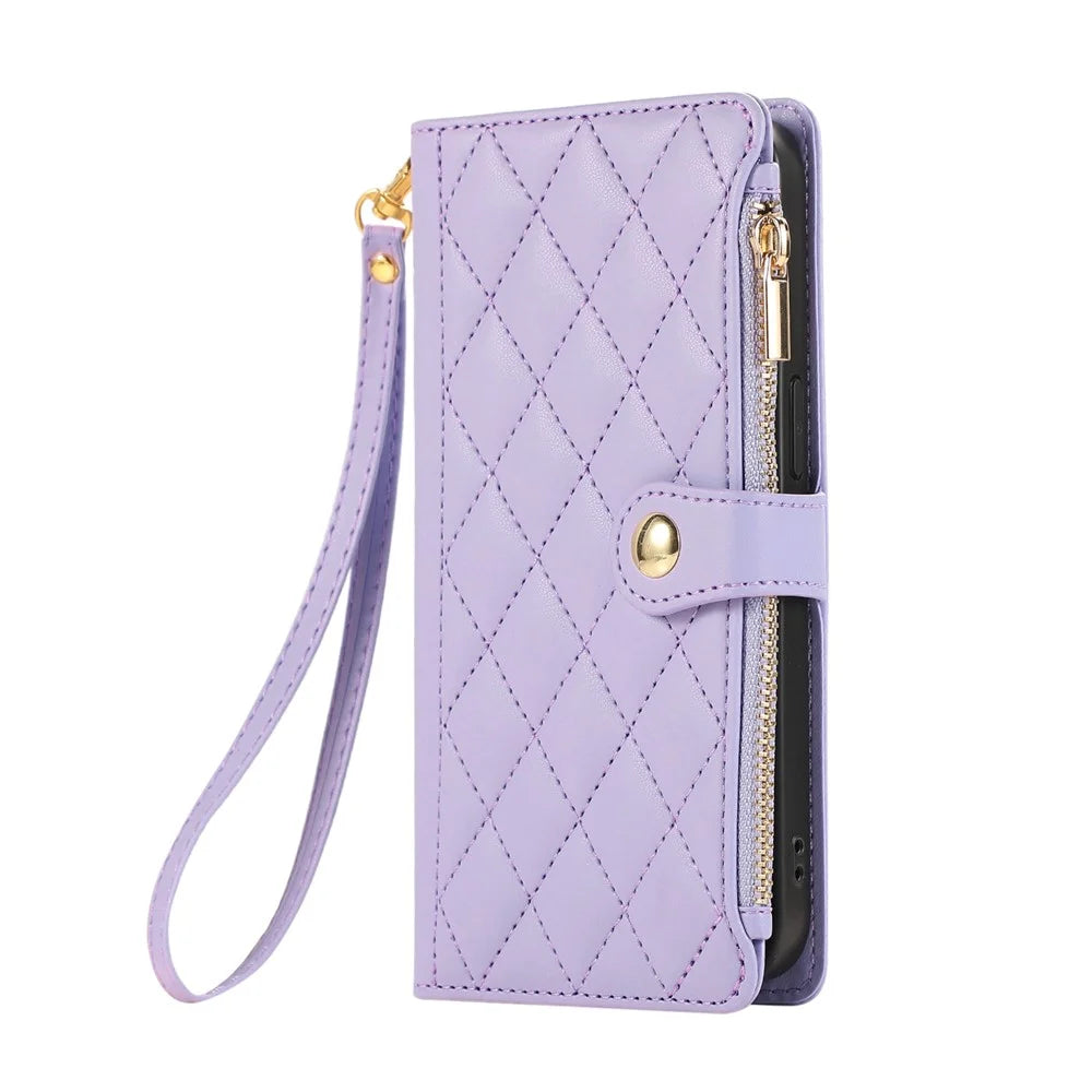 For Google Pixel 11 Pro XL Case Multi Card Slots Zipper Rhombus Leather Phone Cover with Wrist Strap - Purple - 6