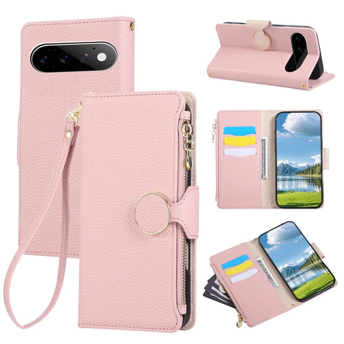 For Google Pixel 11 Pro Case Zipper Wallet Leather Phone Cover with Wrist Strap - Pink - 1