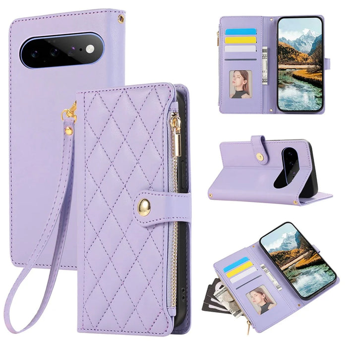 For Google Pixel 11 Case Multi Card Slots Zipper Rhombus Leather Phone Cover with Wrist Strap - Purple - 1