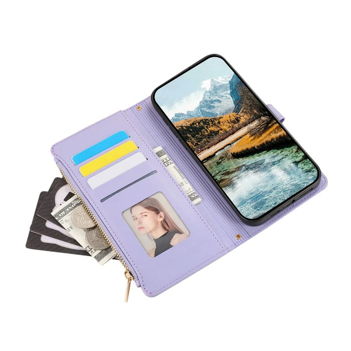 For Google Pixel 11 Case Multi Card Slots Zipper Rhombus Leather Phone Cover with Wrist Strap - Purple - 5