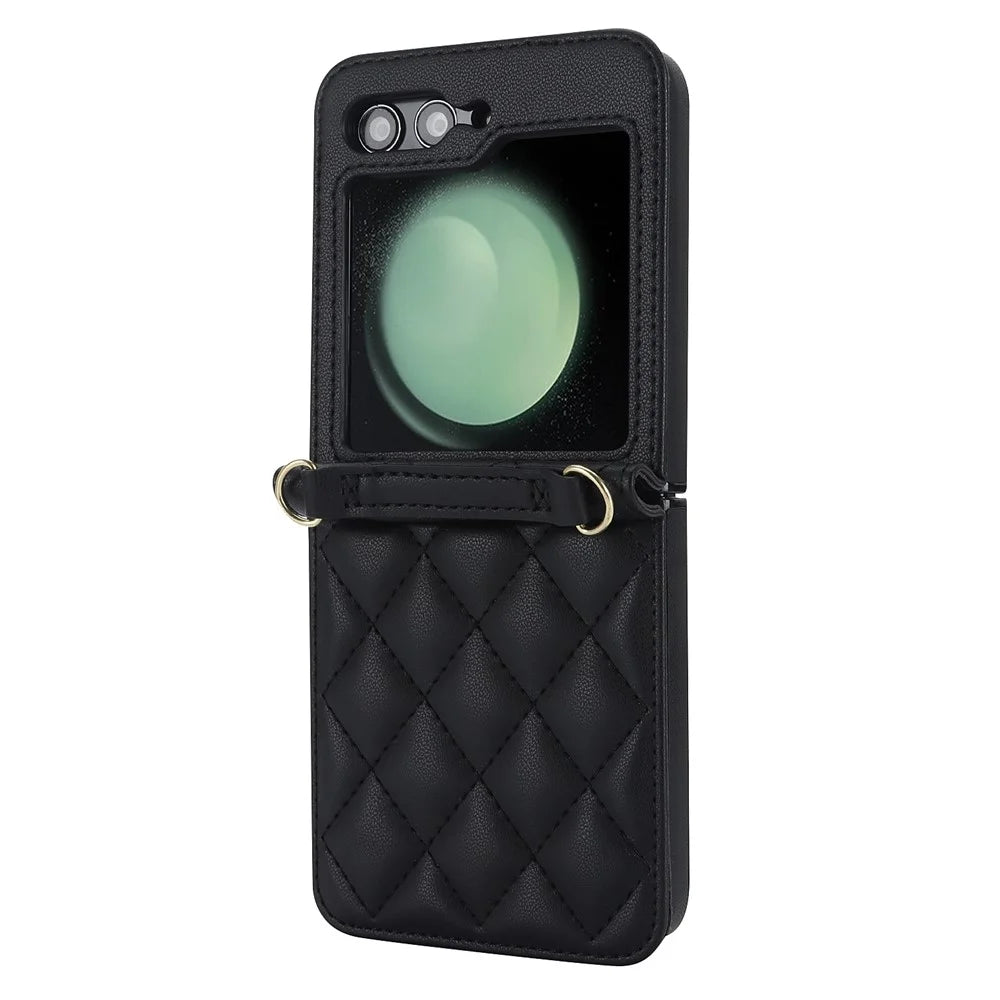 For Samsung Galaxy Z Flip7 FE 5G / Flip6 5G Case Rhombic Leather + PC Folding Phone Cover with Wrist Strap / 1.5m Long Strap - Black - 3