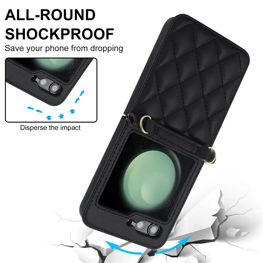For Samsung Galaxy Z Flip7 FE 5G / Flip6 5G Case Rhombic Leather + PC Folding Phone Cover with Wrist Strap / 1.5m Long Strap - Black - 6