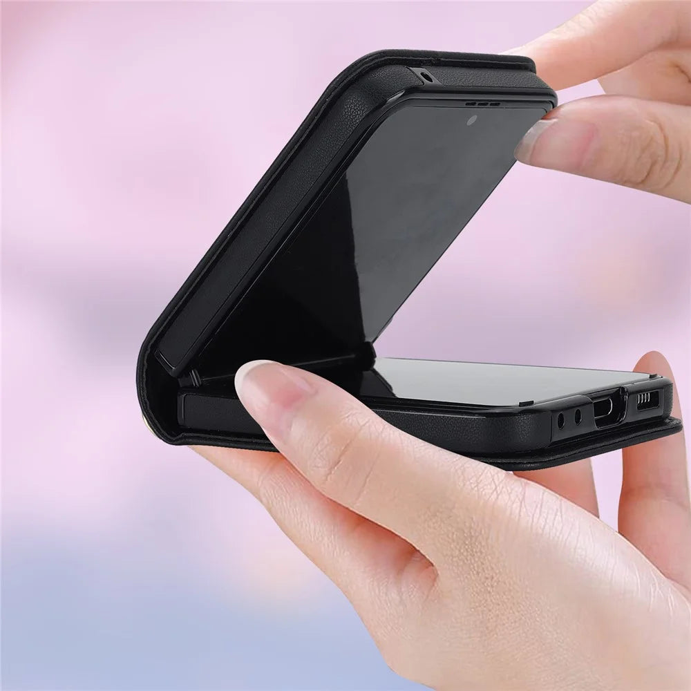 For Samsung Galaxy Z Flip7 FE 5G / Flip6 5G Case Rhombic Leather + PC Folding Phone Cover with Wrist Strap / 1.5m Long Strap - Black - 7