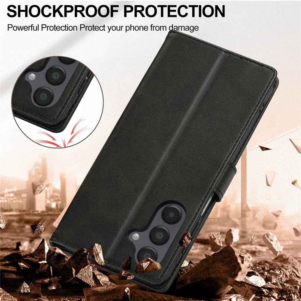LC.IMEEKE for Samsung Galaxy S26 FE Case Wallet Calf Texture Leather Phone Cover - Black - 5