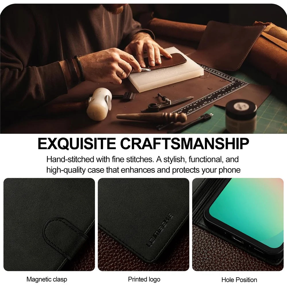 LC.IMEEKE for Samsung Galaxy S26 FE Case Wallet Calf Texture Leather Phone Cover - Black - 6