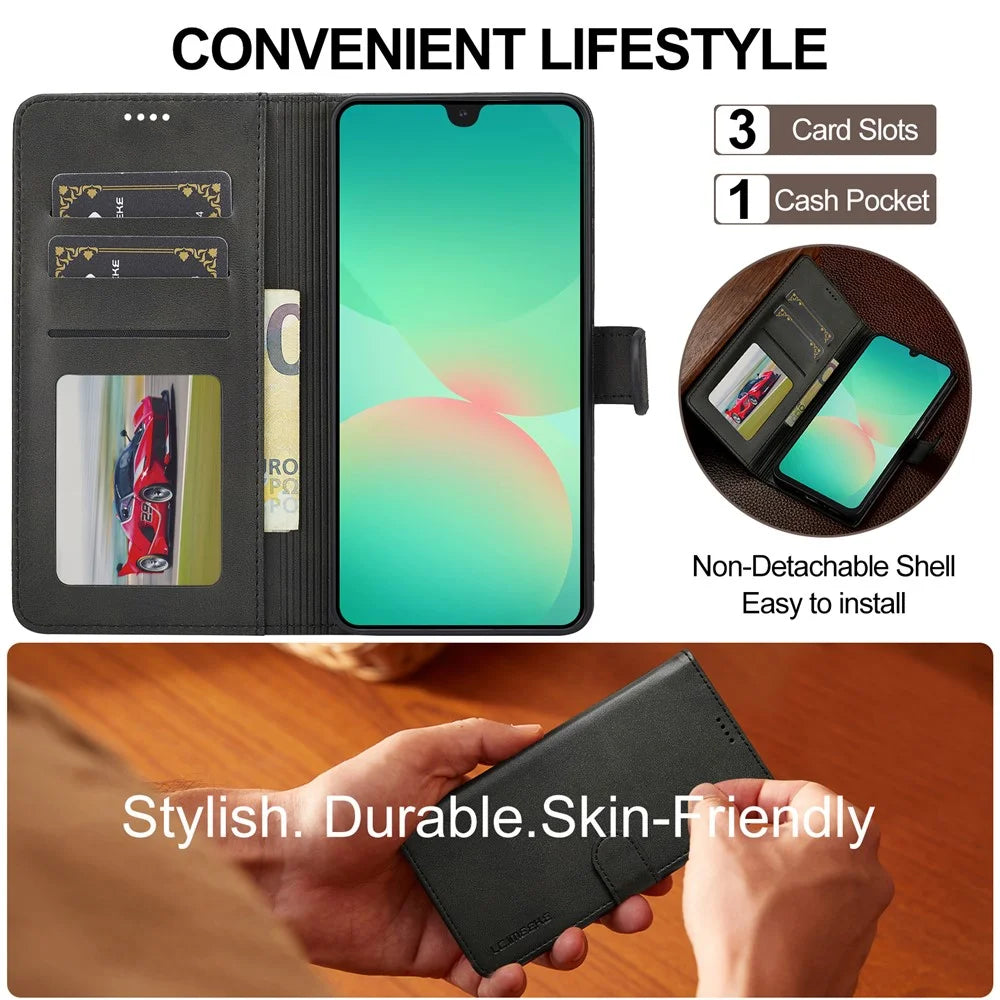 LC.IMEEKE for Samsung Galaxy S26 FE Case Wallet Calf Texture Leather Phone Cover - Black - 7
