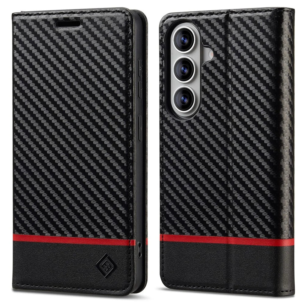 LC.IMEEKE Wallet Case for Samsung Galaxy S26 FE Carbon Fiber Texture Leather Phone Cover - Horizontal Stripe - 1