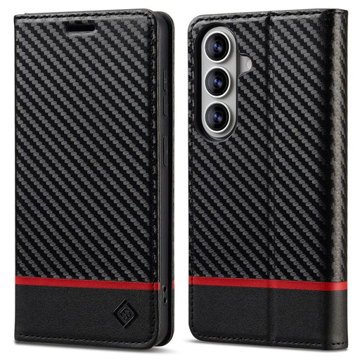 LC.IMEEKE Wallet Case for Samsung Galaxy S26 FE Carbon Fiber Texture Leather Phone Cover - Horizontal Stripe - 1