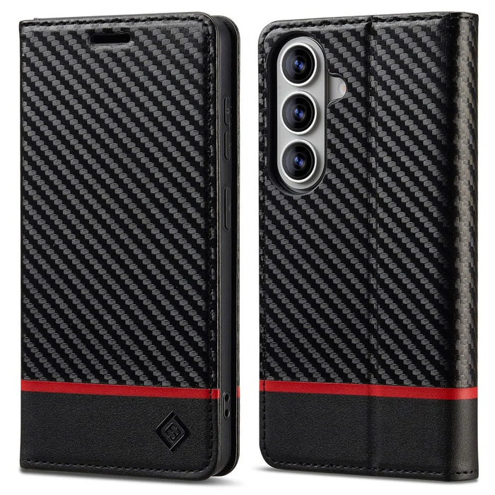 LC.IMEEKE Wallet Case for Samsung Galaxy S26 FE Carbon Fiber Texture Leather Phone Cover - Horizontal Stripe - 1