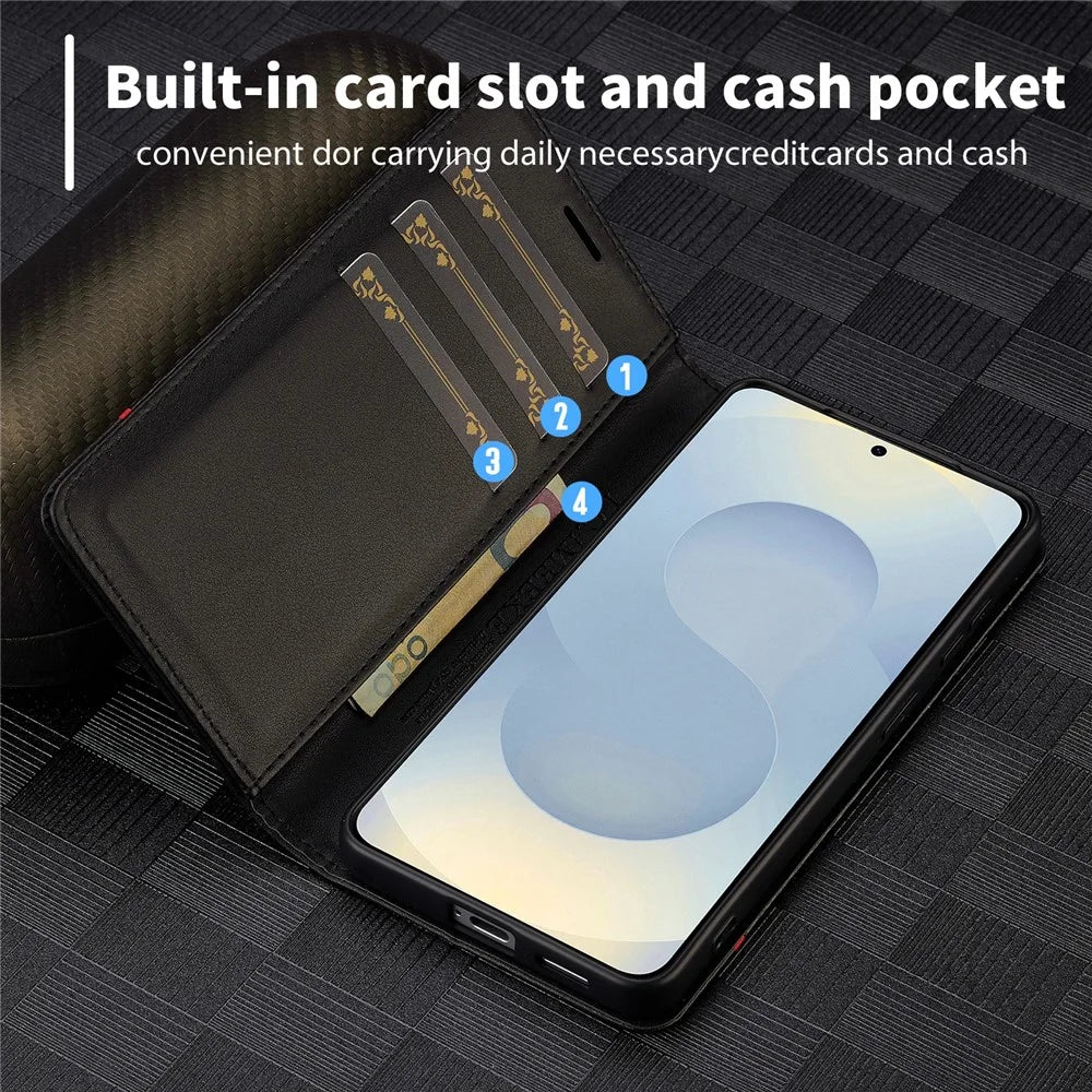 LC.IMEEKE Wallet Case for Samsung Galaxy S26 FE Carbon Fiber Texture Leather Phone Cover - Horizontal Stripe - 7