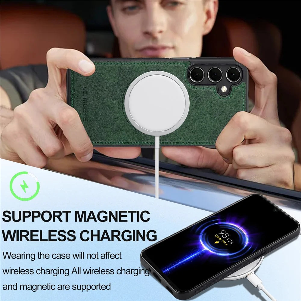 LC.IMEEKE For Samsung Galaxy S26 FE Magnetic Case Leather+TPU Back Cover - Green - 7