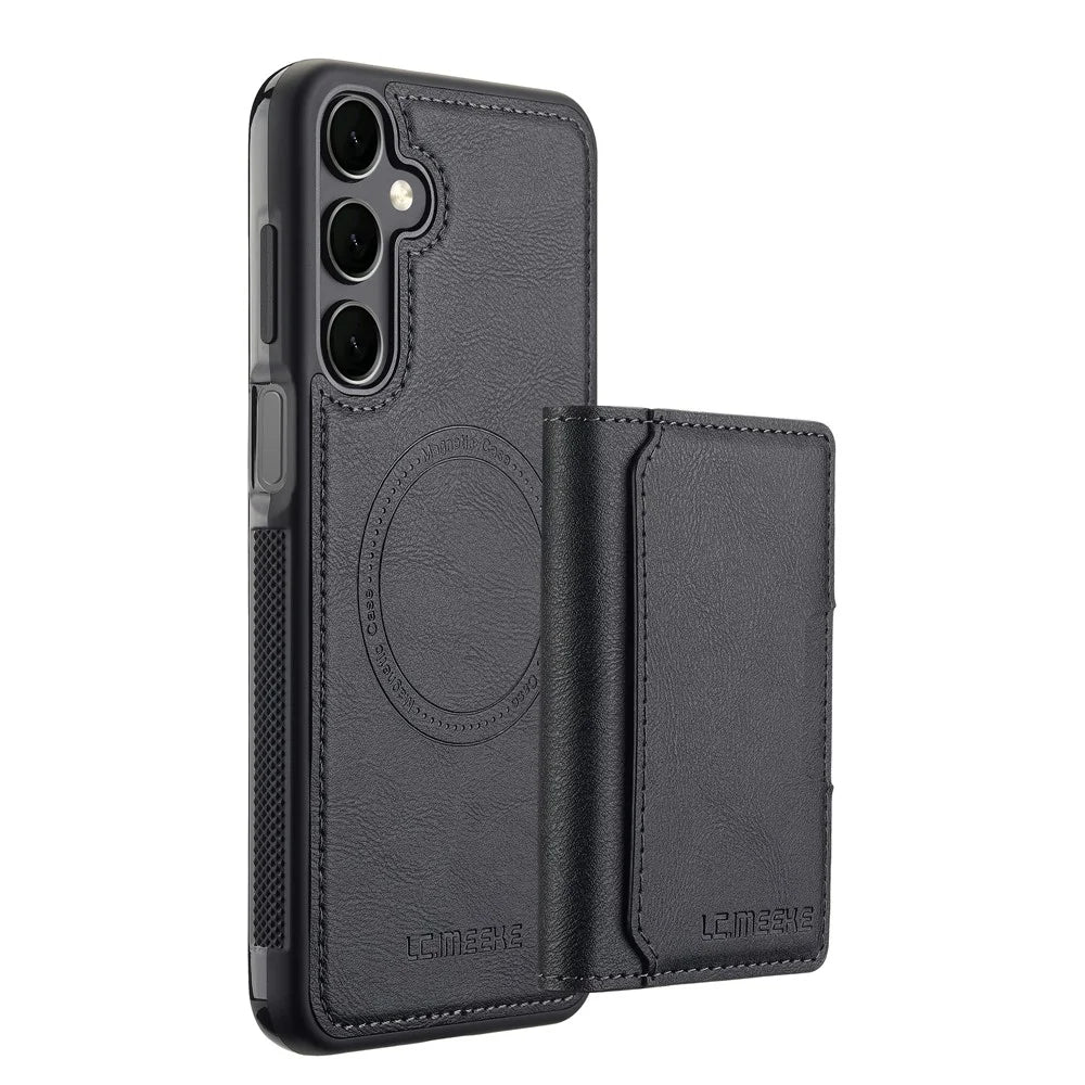 LC.IMEEKE L5 for Samsung Galaxy S26 FE Magnetic Phone Case Leather Back Cover with Detachable Card Holder - Black - 3