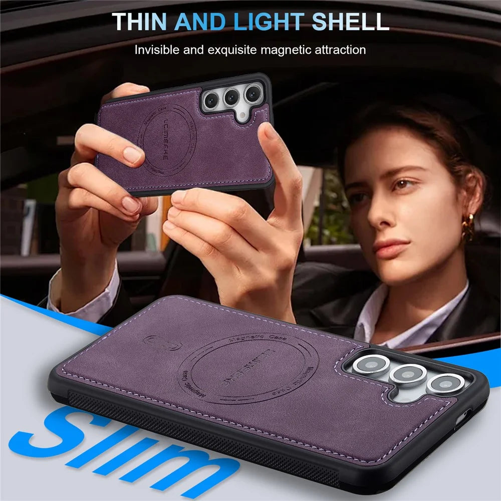 LC.IMEEKE L6 For Samsung Galaxy S26 FE Magnetic Case PU Leather Coated PC TPU Phone Cover - Purple - 4