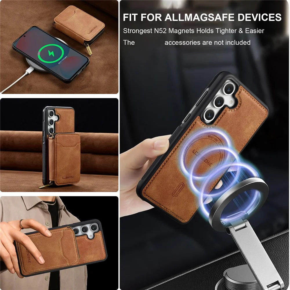 LC.IMEEKE L6 For Samsung Galaxy S26 FE Magnetic Case Detachable Zipper Wallet Leather Coated PC + TPU Phone Cover - Brown - 5