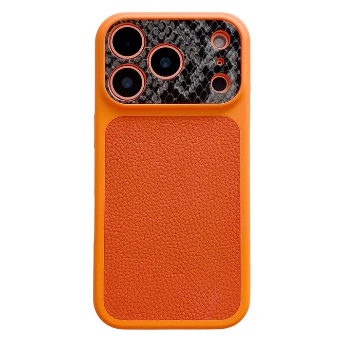 For iPhone 17 Pro TPU Case Genuine Cow Leather Litchi Texture + Snake Texture Protective Cover - Orange - 1