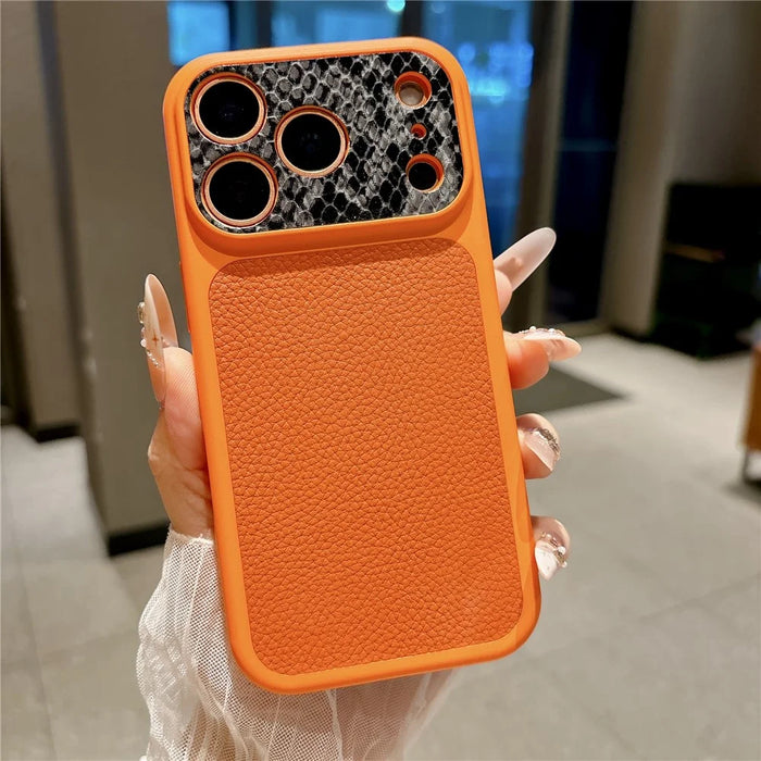For iPhone 17 Pro TPU Case Genuine Cow Leather Litchi Texture + Snake Texture Protective Cover - Orange - 2