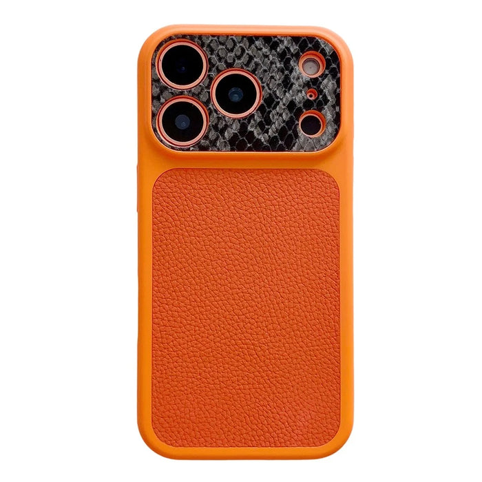 For iPhone 17 Pro Max TPU Case Genuine Cow Leather Litchi Texture + Snake Texture Protective Cover - Orange - 1