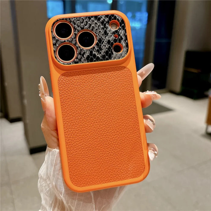 For iPhone 17 Pro Max TPU Case Genuine Cow Leather Litchi Texture + Snake Texture Protective Cover - Orange - 2