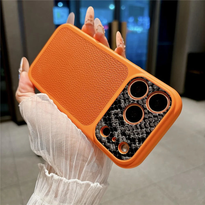 For iPhone 17 Pro Max TPU Case Genuine Cow Leather Litchi Texture + Snake Texture Protective Cover - Orange - 3