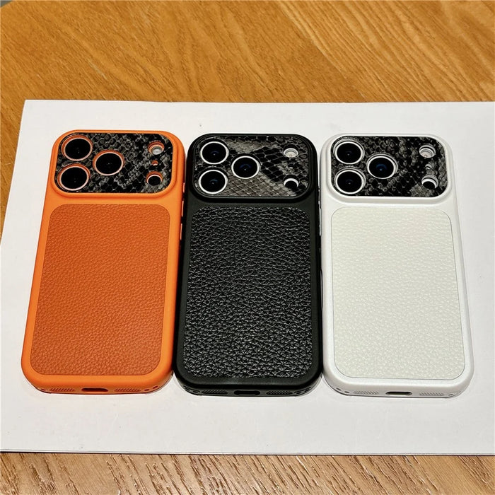 For iPhone 17 Pro Max TPU Case Genuine Cow Leather Litchi Texture + Snake Texture Protective Cover - Orange - 6
