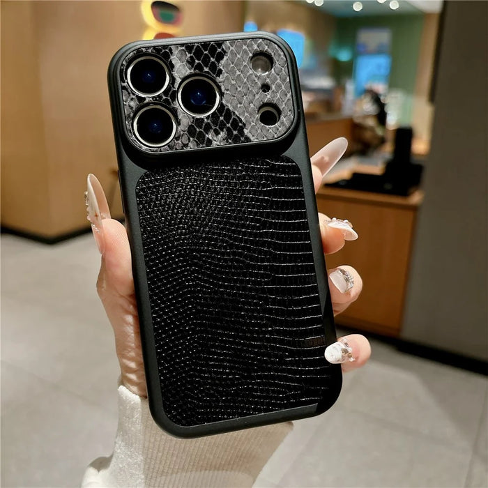 For iPhone 17 Pro Case Lizard Texture Snake Texture Genuine Cow Leather + TPU Protective Cover - Black - 2
