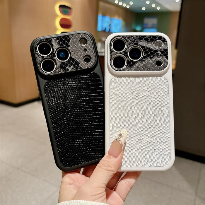 For iPhone 17 Pro Case Lizard Texture Snake Texture Genuine Cow Leather + TPU Protective Cover - Black - 5