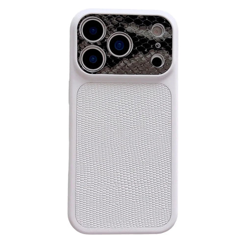 For iPhone 17 Pro Max Case Lizard Texture Snake Texture Genuine Cow Leather + TPU Protective Cover - White - 1