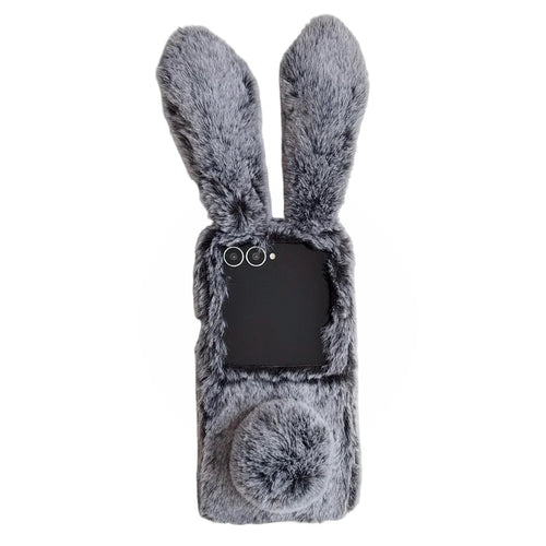 For Samsung Galaxy Z Flip8 Case Bunny Ears Winter Plush Hard PC Phone Cover - Dark Grey - 1