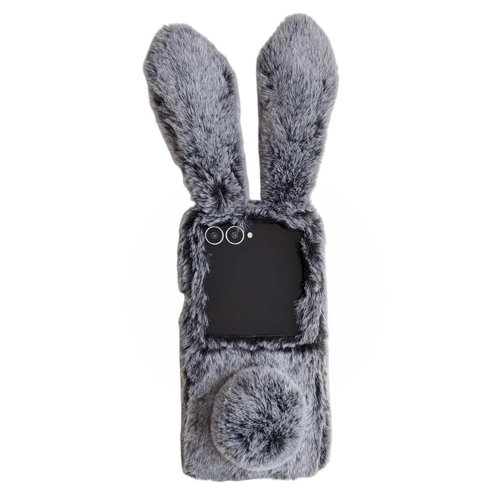 For Samsung Galaxy Z Flip8 Case Bunny Ears Winter Plush Hard PC Phone Cover - Dark Grey - 1