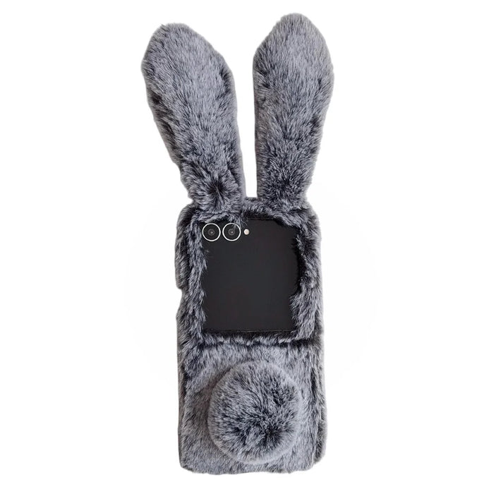 For Samsung Galaxy Z Flip8 Case Bunny Ears Winter Plush Hard PC Phone Cover - Dark Grey - 1