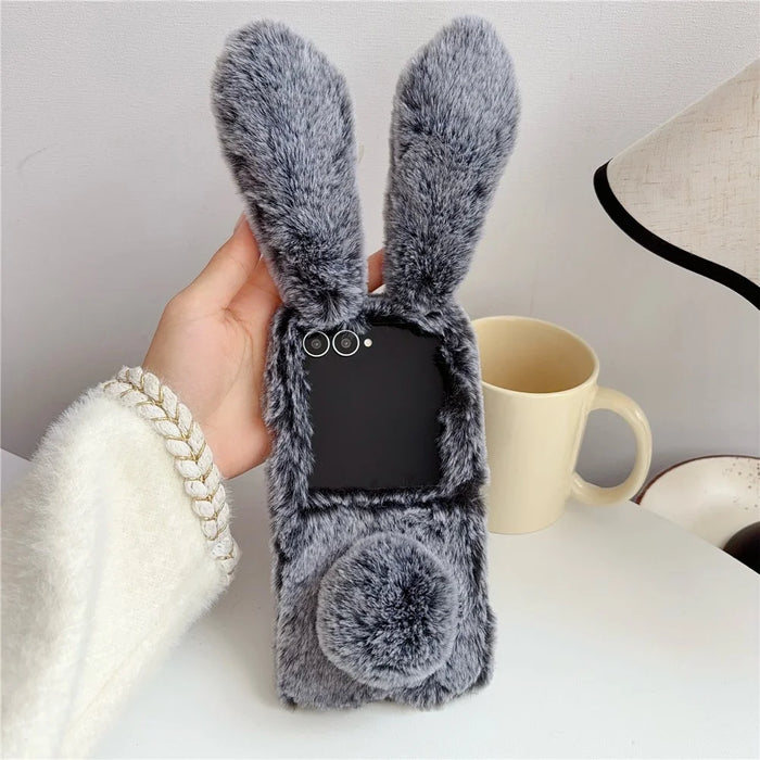 For Samsung Galaxy Z Flip8 Case Bunny Ears Winter Plush Hard PC Phone Cover - Dark Grey - 2