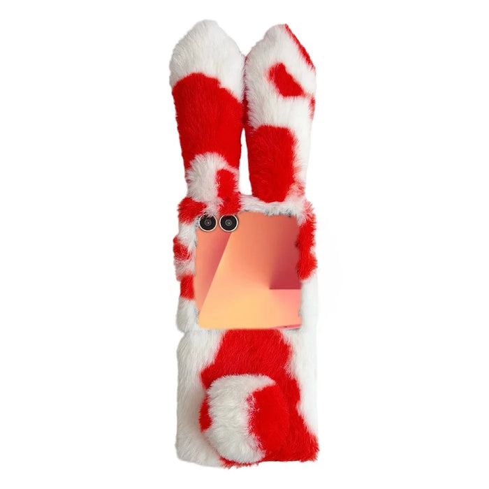 For Samsung Galaxy Z Flip8 Case Plush Rabbit Ears Cow Pattern Hard PC Fluffy Animal Phone Cover - Red - 1