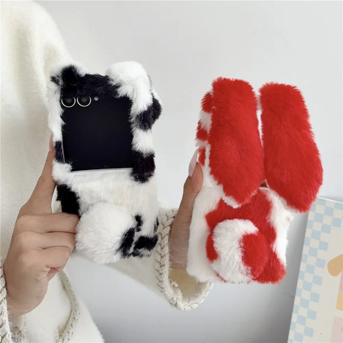 For Samsung Galaxy Z Flip8 Case Plush Rabbit Ears Cow Pattern Hard PC Fluffy Animal Phone Cover - Red - 4
