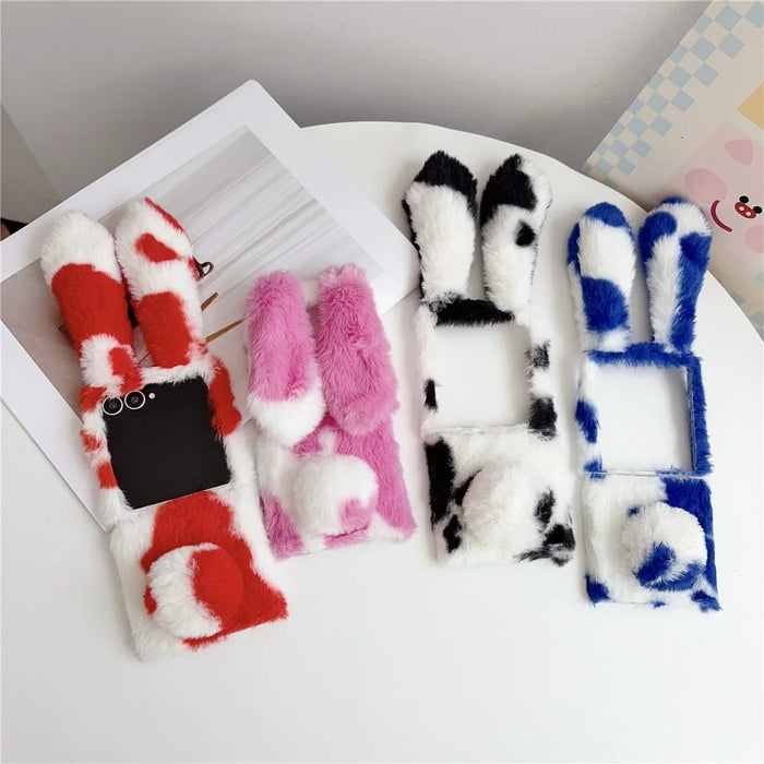 For Samsung Galaxy Z Flip8 Case Plush Rabbit Ears Cow Pattern Hard PC Fluffy Animal Phone Cover - Red - 5