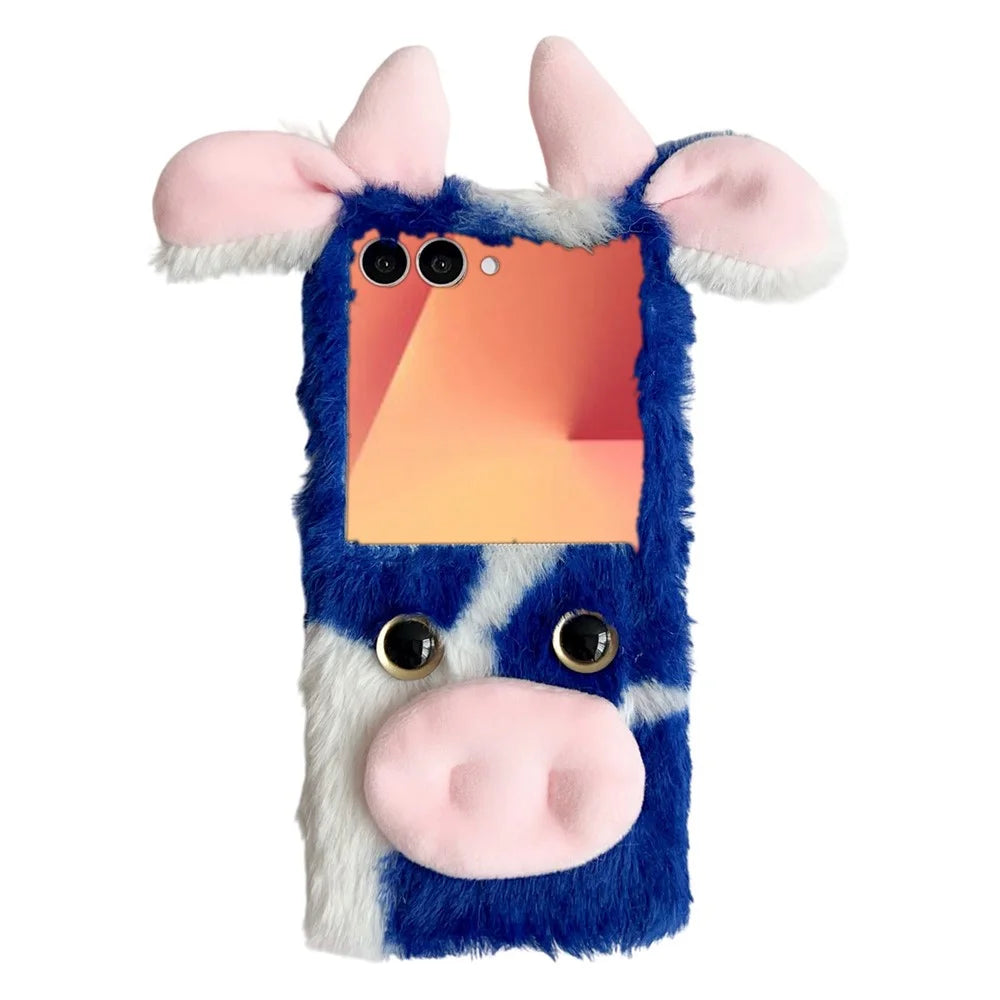 For Samsung Galaxy Z Flip8 Case Plush Cow Hard PC Protective Phone Cover - Blue - 1