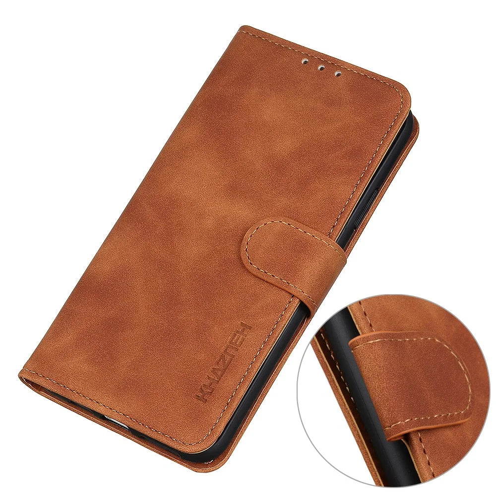 KHAZNEH for Samsung Galaxy S26 FE Case PU Leather Retro Texture Phone Cover - Brown - 4
