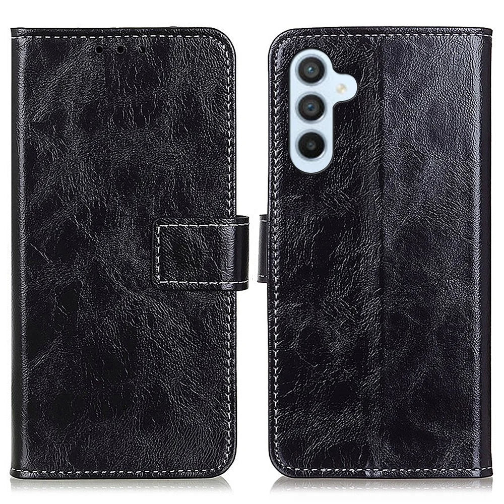 For Samsung Galaxy S26 FE Case Wallet Leather Phone Cover Crazy Horse Texture - Black - 1