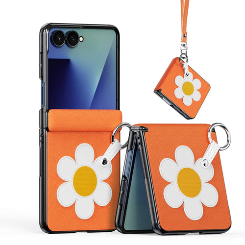 DUX DUCIS for Samsung Galaxy Z Flip8 Case  Luvy Series PU Leather + PC Phone Case with Ring Holder / Strap - Warm Orange-Daisy - 1