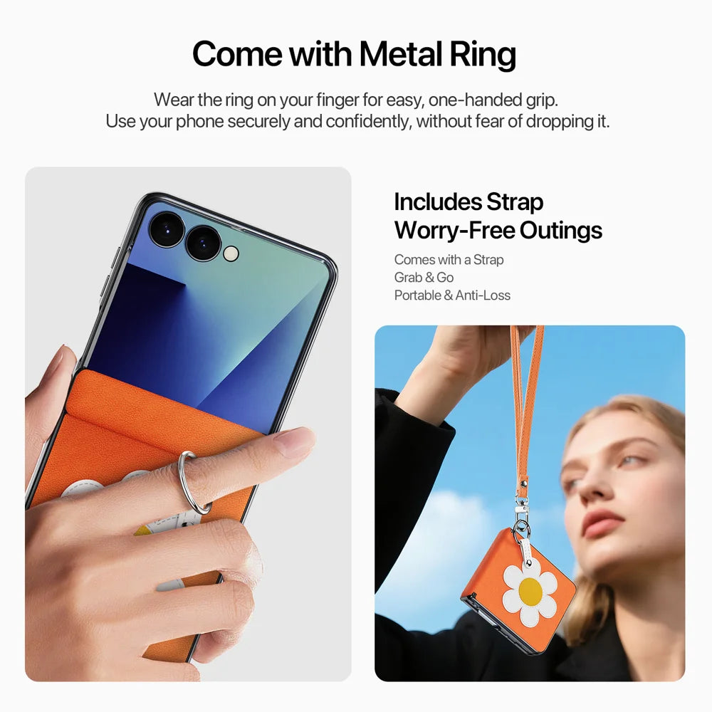 DUX DUCIS for Samsung Galaxy Z Flip8 Case  Luvy Series PU Leather + PC Phone Case with Ring Holder / Strap - Warm Orange-Daisy - 4