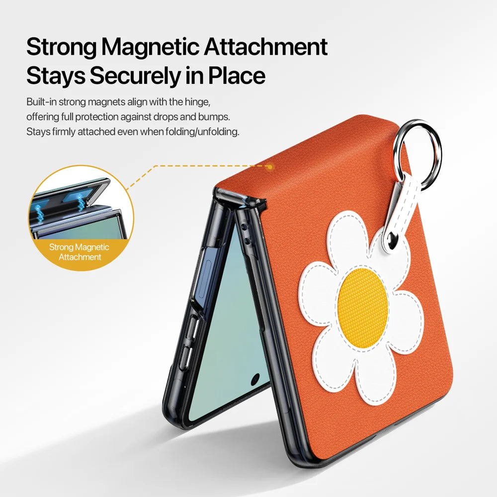 DUX DUCIS for Samsung Galaxy Z Flip8 Case  Luvy Series PU Leather + PC Phone Case with Ring Holder / Strap - Warm Orange-Daisy - 5