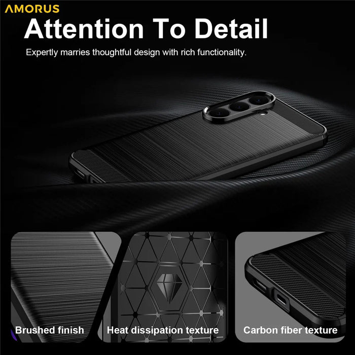AMORUS For Samsung Galaxy S26 FE Case Carbon Fiber Texture Brushed Protective Phone Cover - Black - 6