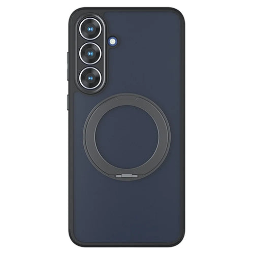 For Samsung Galaxy S26 FE Matte Skin-touch Magnetic Case 360° Rotating Kickstand Shockproof TPU + PC Phone Cover - Transparent Black - 1