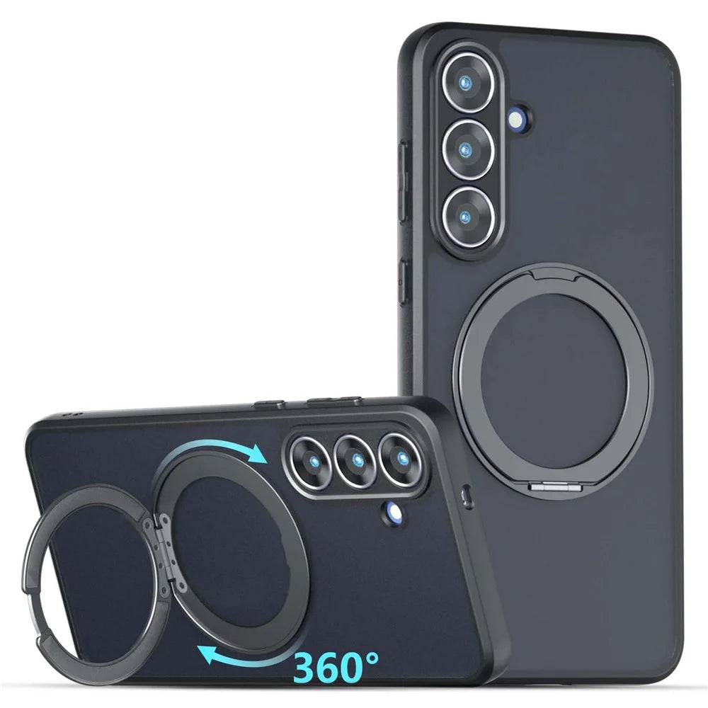 For Samsung Galaxy S26 FE Matte Skin-touch Magnetic Case 360° Rotating Kickstand Shockproof TPU + PC Phone Cover - Transparent Black - 2