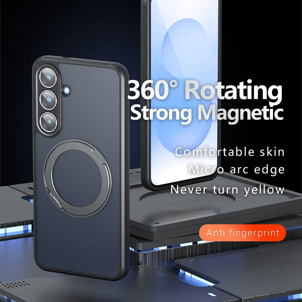 For Samsung Galaxy S26 FE Matte Skin-touch Magnetic Case 360° Rotating Kickstand Shockproof TPU + PC Phone Cover - Transparent Black - 3