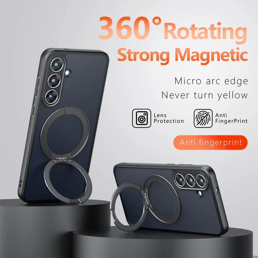 For Samsung Galaxy S26 FE Matte Skin-touch Magnetic Case 360° Rotating Kickstand Shockproof TPU + PC Phone Cover - Transparent Black - 4