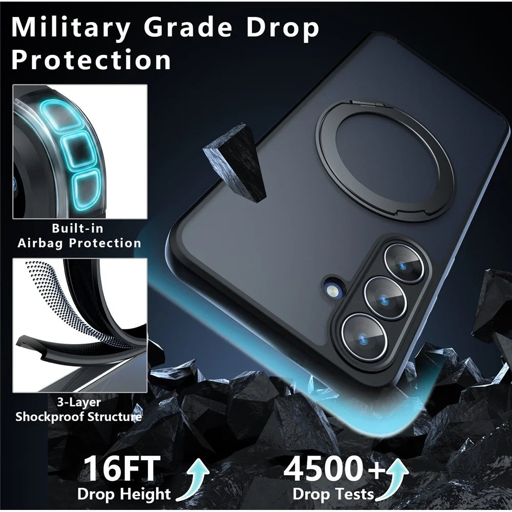 For Samsung Galaxy S26 FE Matte Skin-touch Magnetic Case 360° Rotating Kickstand Shockproof TPU + PC Phone Cover - Transparent Black - 5