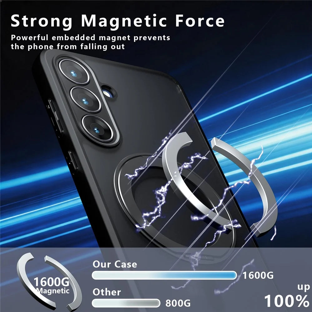 For Samsung Galaxy S26 FE Matte Skin-touch Magnetic Case 360° Rotating Kickstand Shockproof TPU + PC Phone Cover - Transparent Black - 6