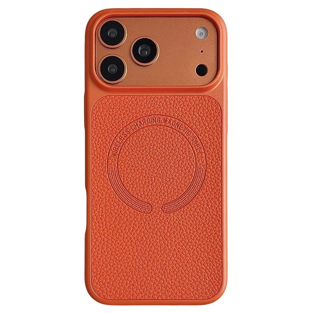 For iPhone 17 Pro Max Magnetic Case Litchi Texture PU Leather Coated PC + TPU Phone Back Cover - Orange - 1