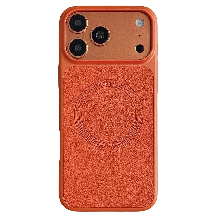 For iPhone 17 Pro Max Magnetic Case Litchi Texture PU Leather Coated PC + TPU Phone Back Cover - Orange - 1