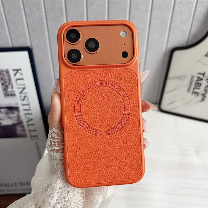 For iPhone 17 Pro Max Magnetic Case Litchi Texture PU Leather Coated PC + TPU Phone Back Cover - Orange - 2